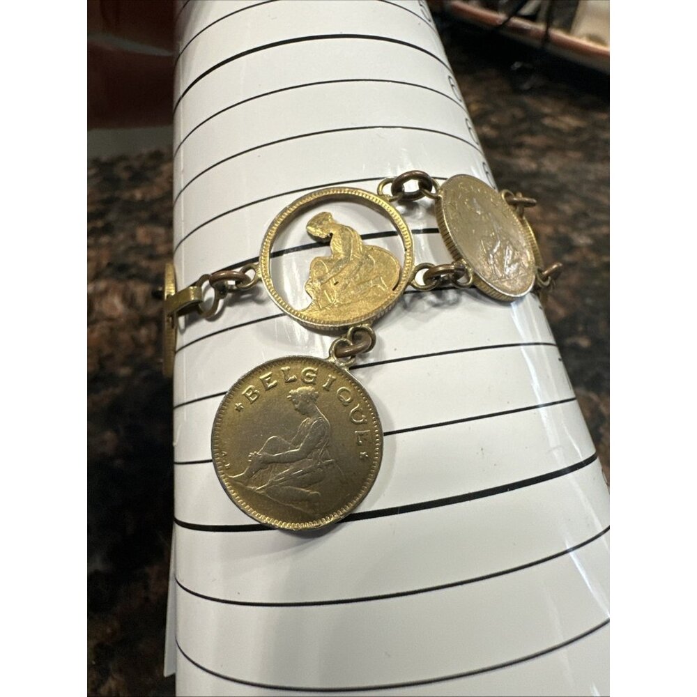 Vintage Coin Bracelet Old Belgium Cut Out Currency 1930 Hook Clasp 7.25 In.